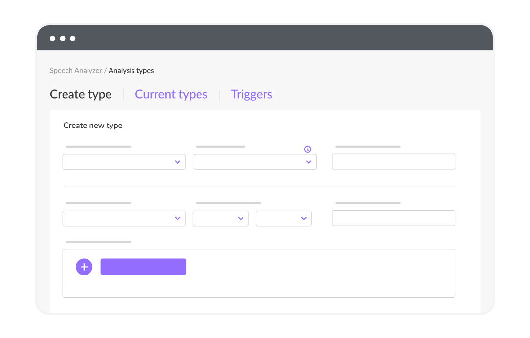 Interface of AI Speech Analyzer Software showing an option to create new analysis types.