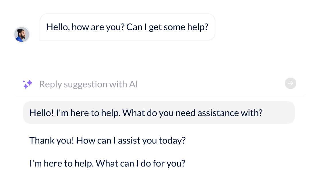 A customer support chat with AI-generated reply suggestions, offering polite greetings and assistance to the customer's inquiry.