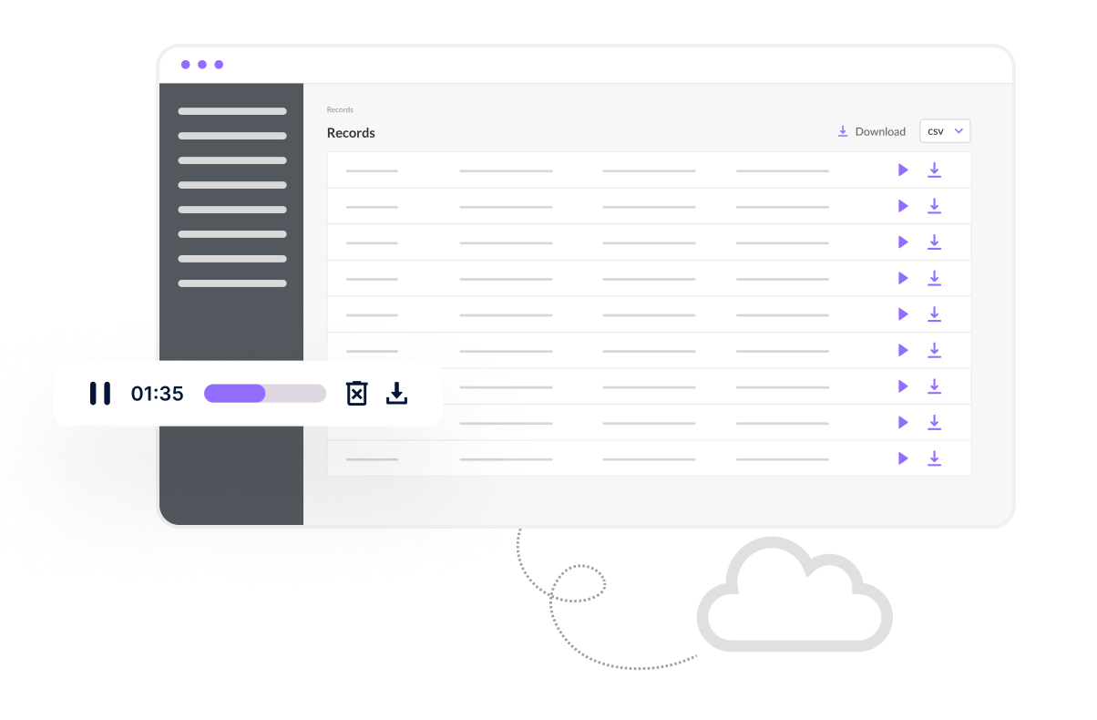 Interface of a call recording system with a playback control bar, a list of records with options to download, and a cloud symbol indicating storage or cloud functionality.