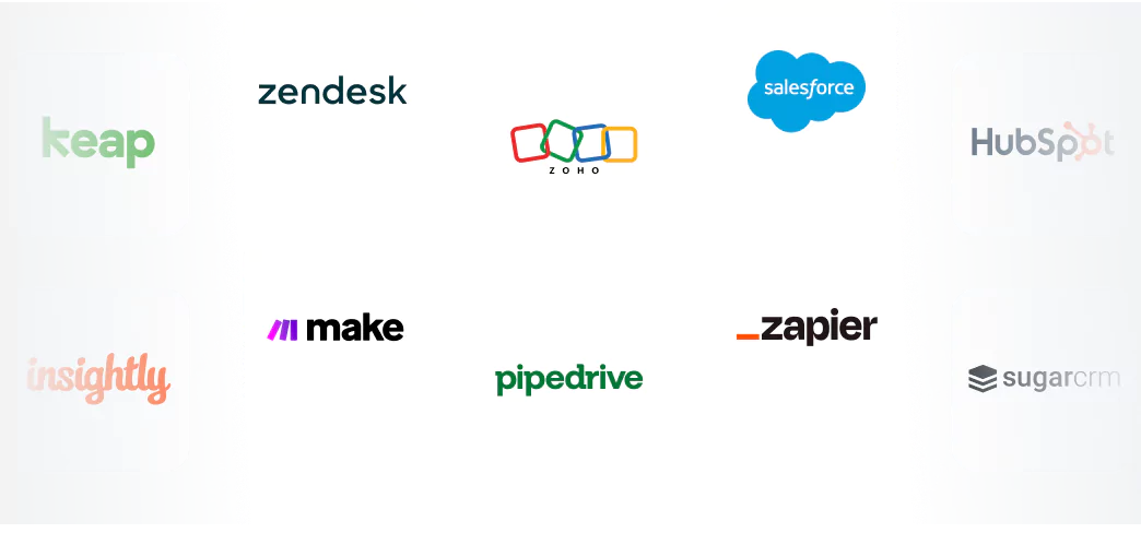 Various CRM platforms like Zendesk, Zoho, Salesforce, HubSpot, and others, indicating integration capabilities.