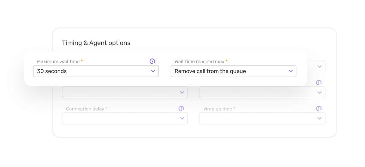Settings interface for timing and agent options in call queuing software, including maximum wait time and removal conditions.