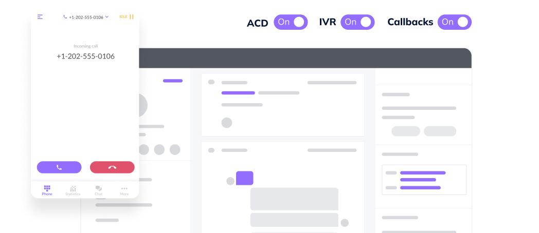 Call center software for small business dashboard with incoming call pop-up and features like ACD, IVR, and callbacks.
