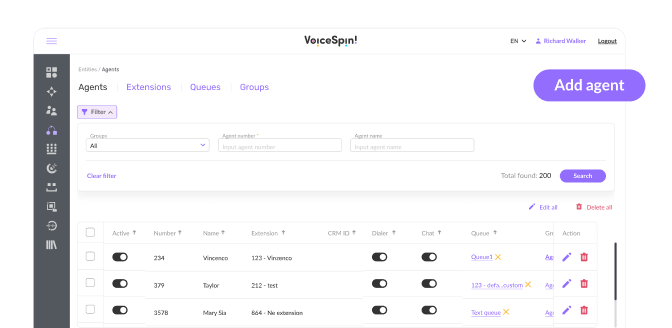 Screen of an enterprise contact center management system where an admin can add new agents, with a view of agent details like name, number, and extension.