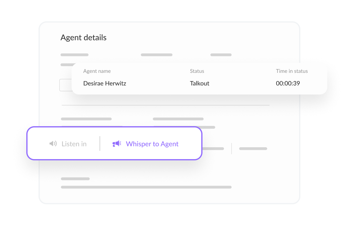 Call center agent monitoring interface displaying the agent's name, current status as 'Talkout', and the time spent in that status, with options to listen or whisper to the agent.