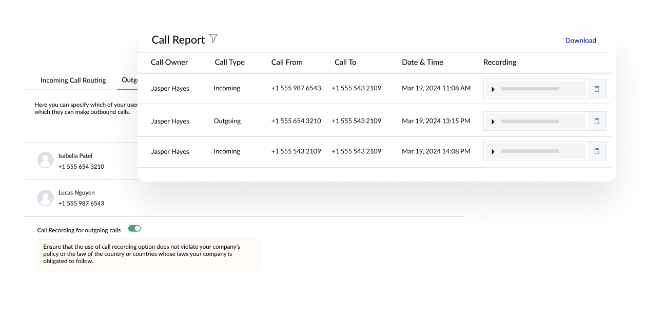 Zoho Call Report interface displaying incoming and outgoing call logs with timestamps and call recording option.