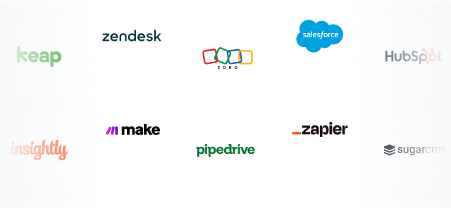 Integration logos of popular CRM like Zendesk, Salesforce, HubSpot, and Pipedrive.