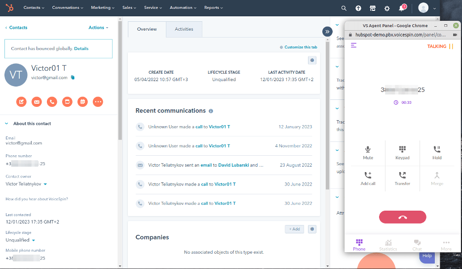 HubSpot integration - VoiceSpin agent panel