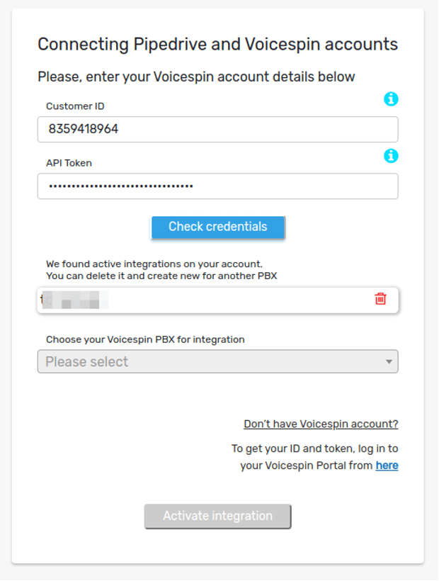 Customer ID and API token connection