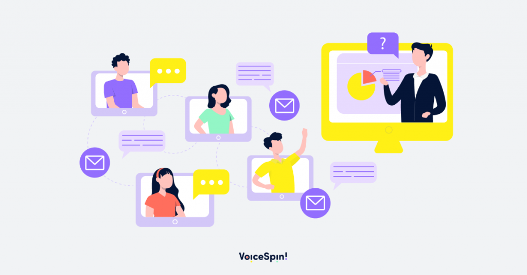 A virtual classroom setting with a teacher on a video call, students interacting, and SMS notifications about class updates and reminders.