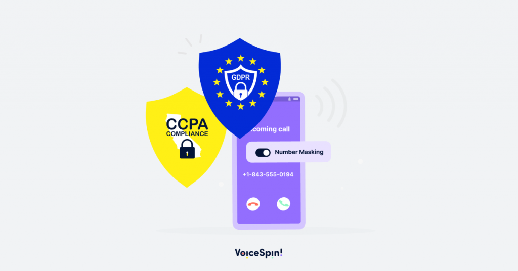 Icons of GDPR and CCPA, with visual representation of phone number masking helping in compliance.
