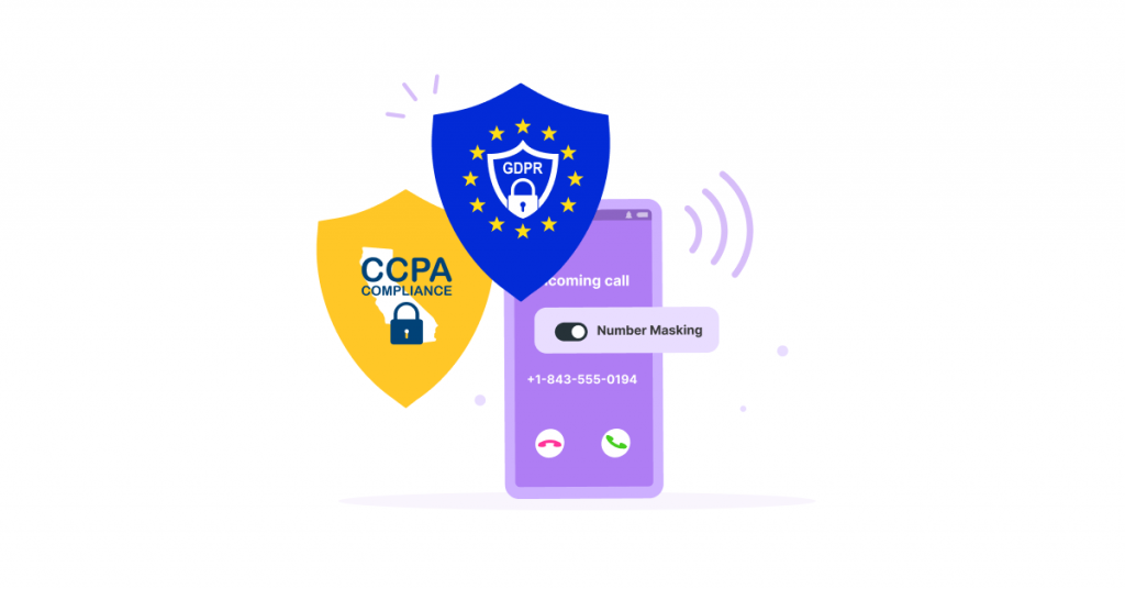 Icons of GDPR and CCPA, with visual representation of phone number masking helping in compliance.