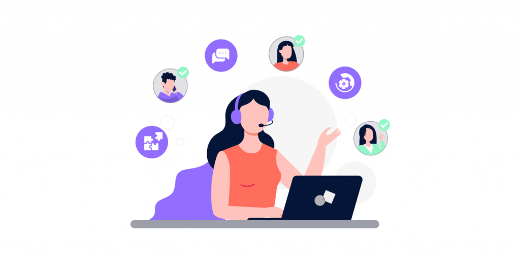 Call center agent is efficiently handling multiple calls with ease, surrounded by icons or bubbles representing skills like communication, problem-solving, and technical proficiency.