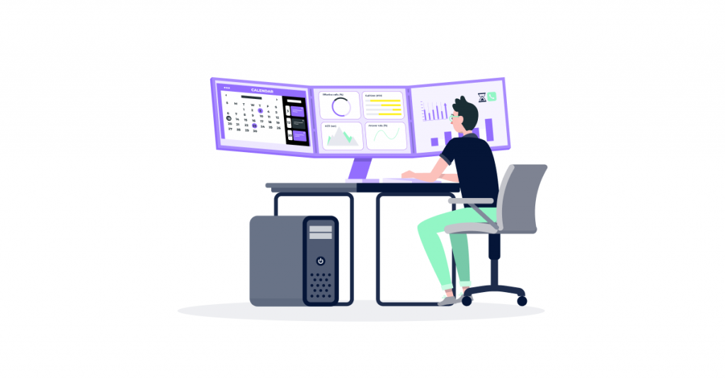 Illustration of a call center manager examining a large screen filled with graphs showing call volume trends, with icons depicting phones, calendars, and weather symbols to represent various forecasting factors.