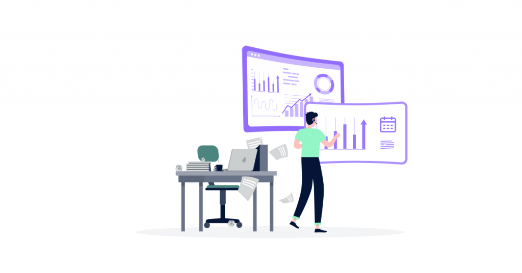 A busy call center manager happily transitioning from a cluttered desk with stacks of paper schedules to a clean, high-tech dashboard displaying automated schedules and analytics.