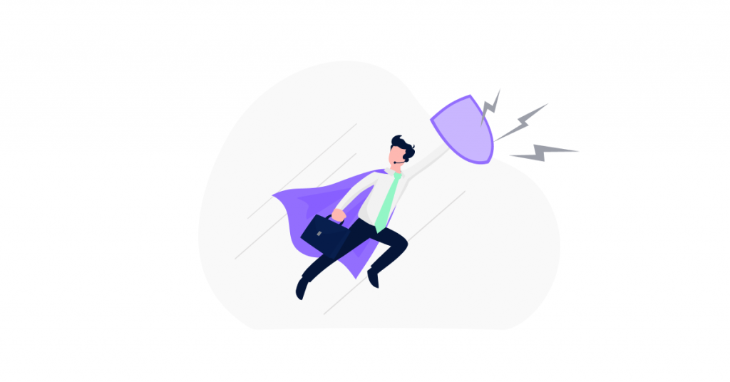 A sales rep dressed as a superhero deflecting objections represented by lightning bolts with a shield, symbolising confidence and preparedness in overcoming cold calling challenges.
