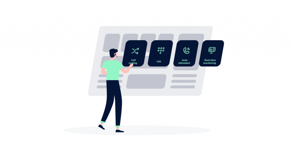 A control panel with various buttons and screens displaying features like call routing, IVR, auto attendant, and real-time monitoring visually representing the control and customization capabilities of a hosted PBX system.