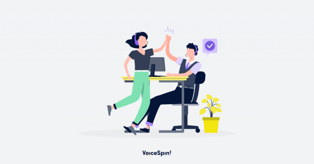 Happy call center agents preventing call avoidance