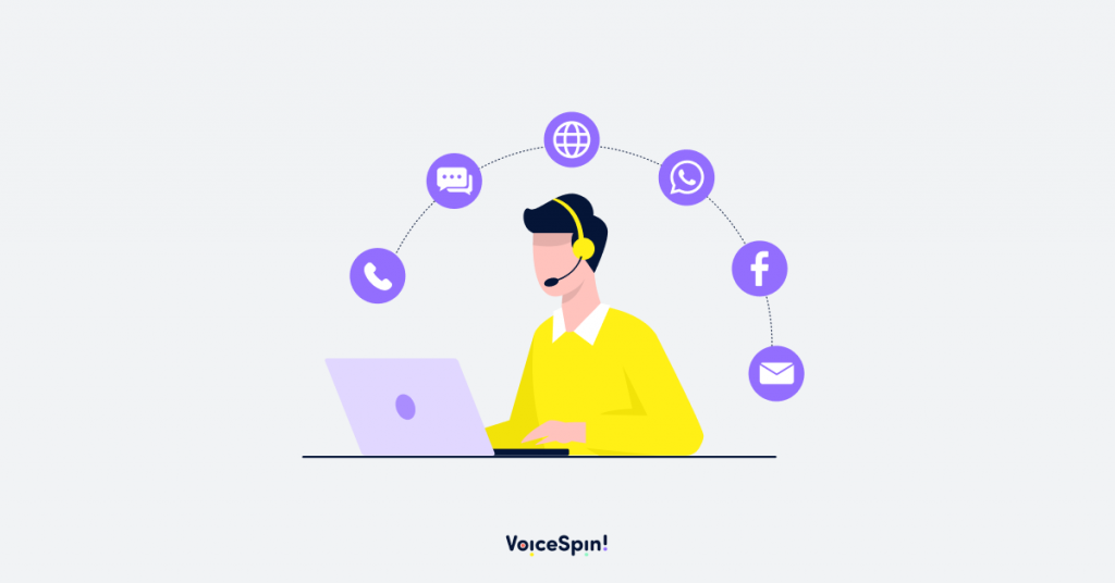 Contact center agent surrounded by multiple communication channel icons, all integrated into one platform.